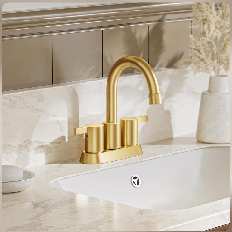 phiestina Brushed Gold 4 Inch 2 Handle Centerset Lead-Free Bathroom Faucet, Swivel Spout with Copper Pop Up Drain and 2 Water Supply Lines, BF015-1-BG - Image 2
